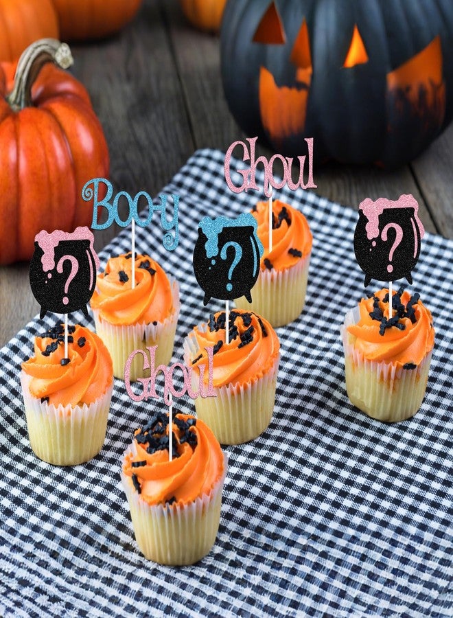 PYBHILK 16 PCS Glitter Boo-y or Ghoul Cupcake Topper, Witch's Cauldron Pink or Blue Décor, Halloween Ghoul Ghost Gender Reveal Baby Shower Party Decorations Supplies - Image 3